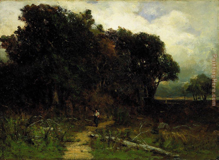 Edward Mitchell Bannister landscape, woodcutter on path